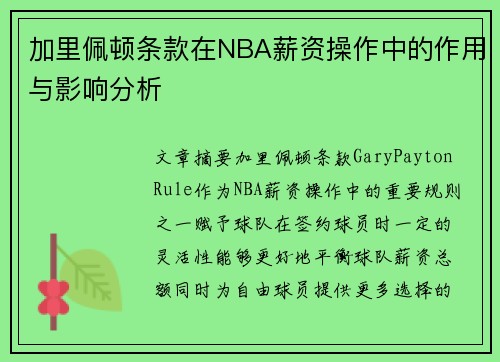 加里佩顿条款在NBA薪资操作中的作用与影响分析